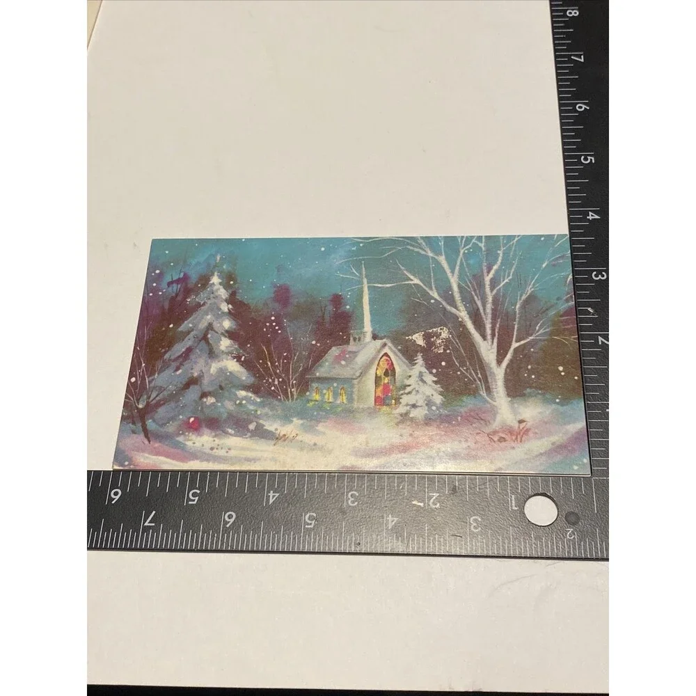 Vintage Mid Century Christmas Greeting Card CHURCH SCENE AT NIGHT Snow Holiday